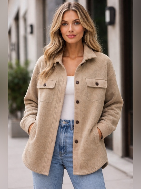 Carly Jean Los Angeles Jackets & Blazers - Carly Jean Los Angeles Tan Plush Button-Front Shacket